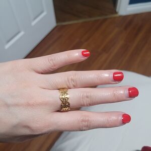 Gold Tone Decorative Band Ring - Red Nail Accent